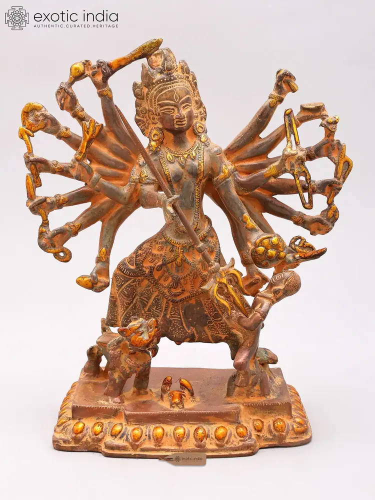 Eighteen armed Durga brass statue from the front