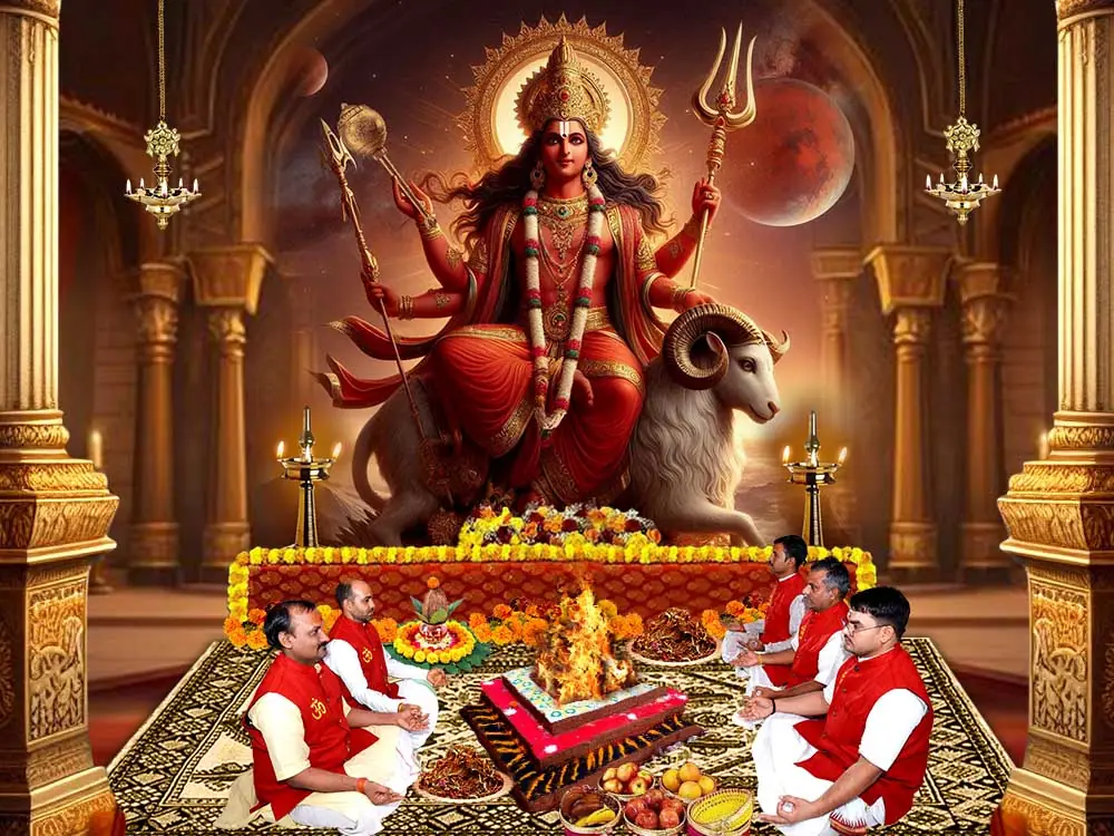 Illustration of the deity with priests at a puja, not a photograph