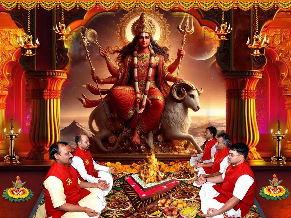 Illustration of a planetary deity figure with priests at a havan below