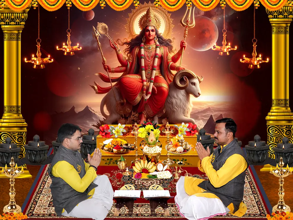 Illustration of Mangal with two priests seated at a puja, not a photograph