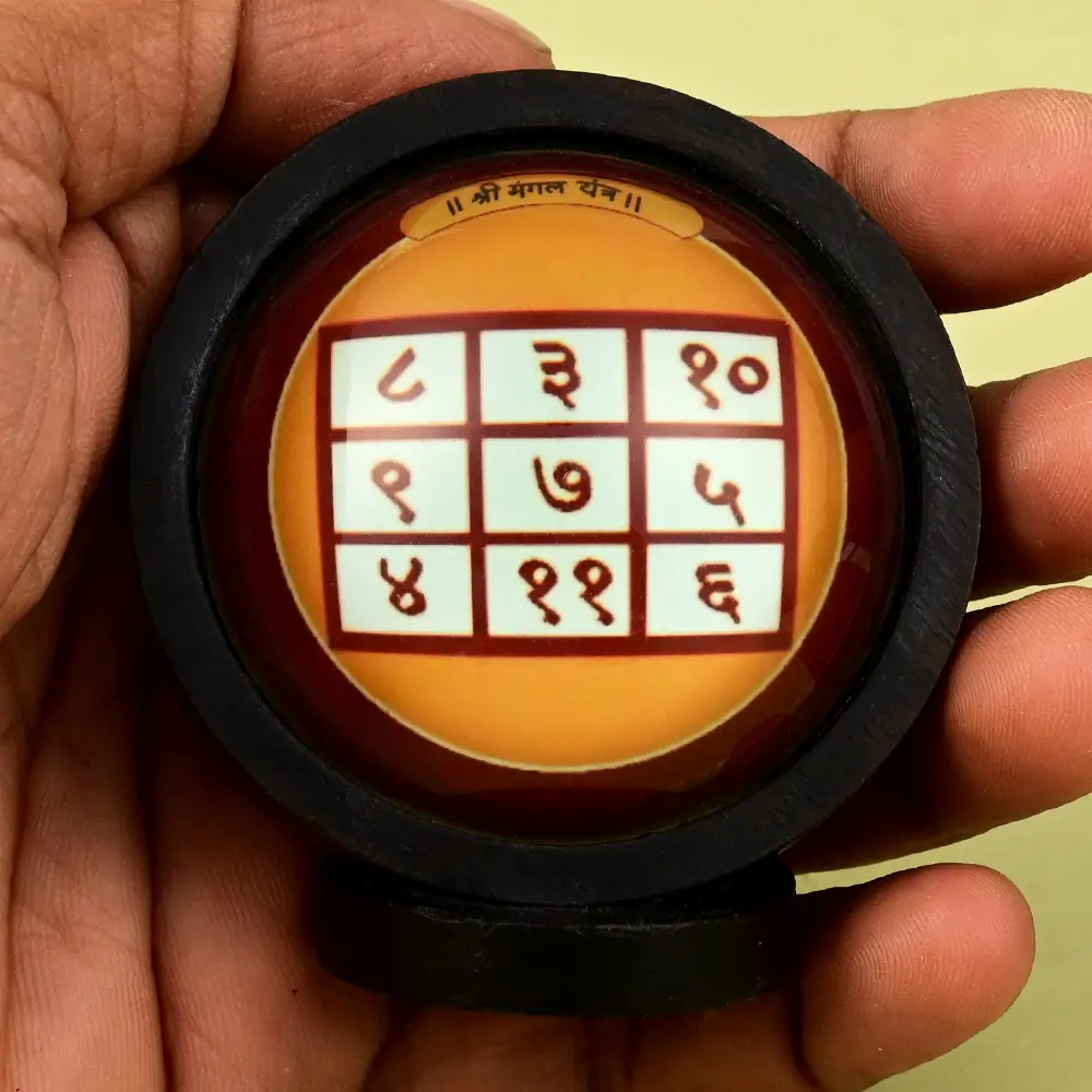 The framed yantra held in a hand for scale