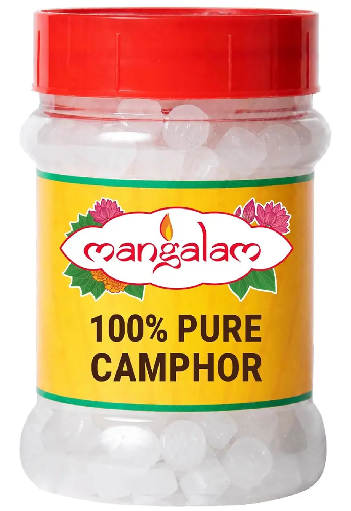 Jar of Mangalam camphor tablets with a red lid