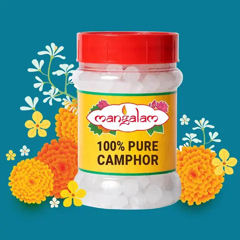 Jar of camphor with marigolds on a teal background