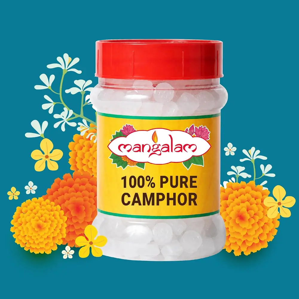 Jar of camphor with marigolds on a teal background