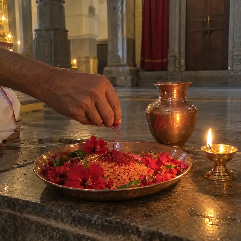 Hand placing red flowers in a brass plate beside a copper pot and lamp at a stone temple