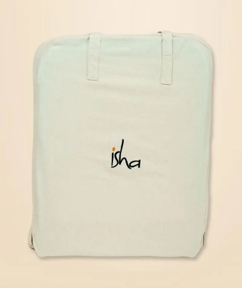 The folded chair with the seller's mark and carry straps