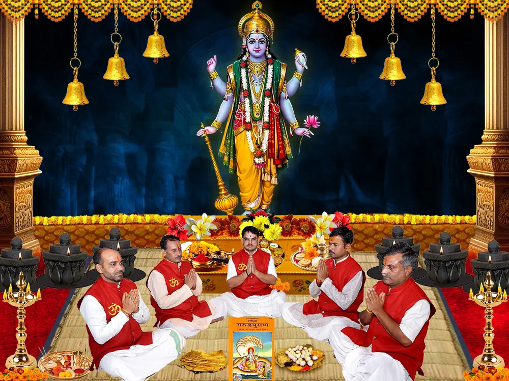 Illustration of Vishnu standing above priests seated at a havan