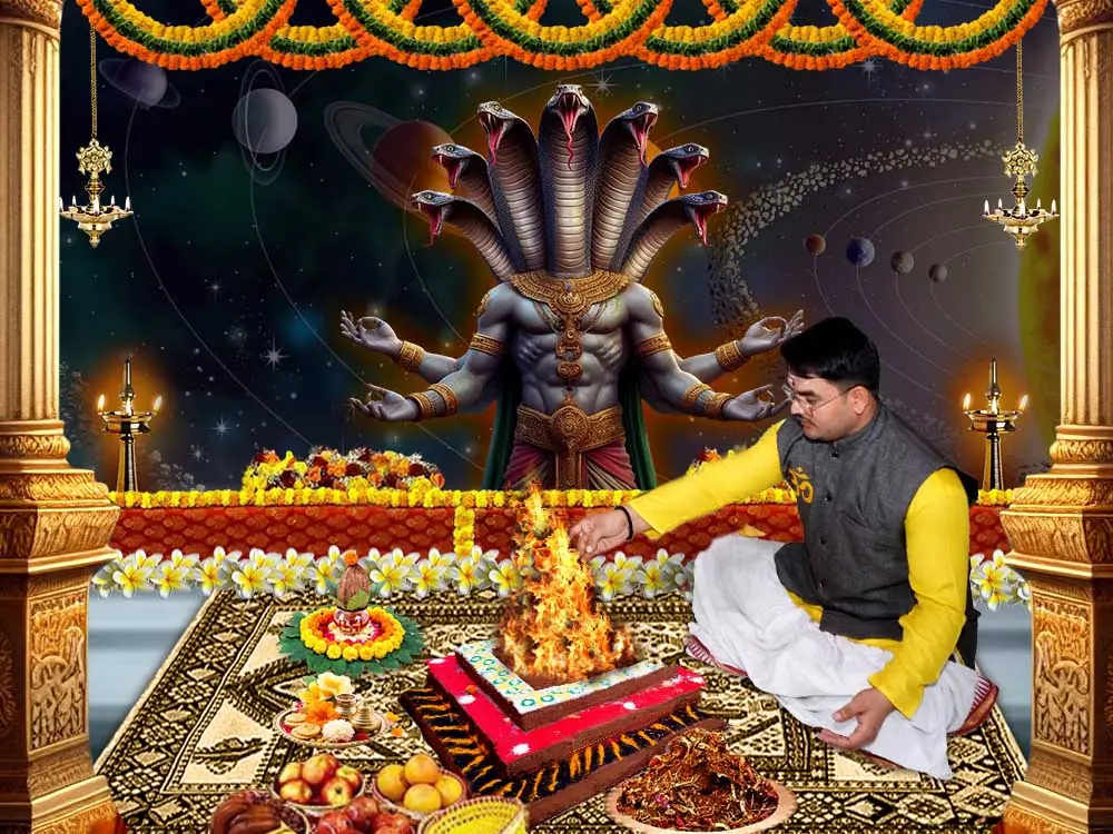 Illustration of the deity with priests at a puja, not a photograph