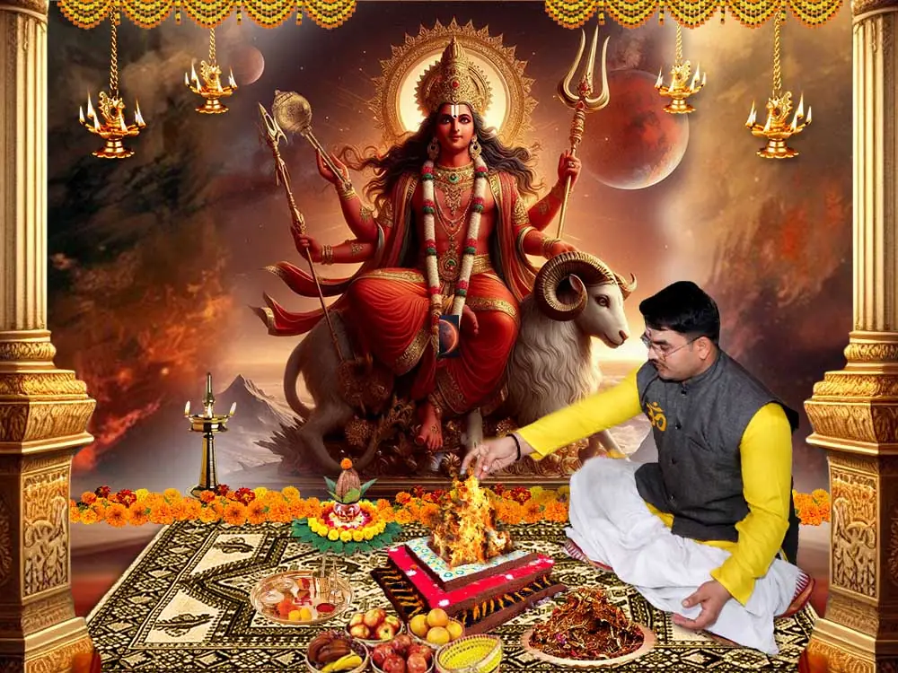 Illustration of the deity with priests at a puja, not a photograph