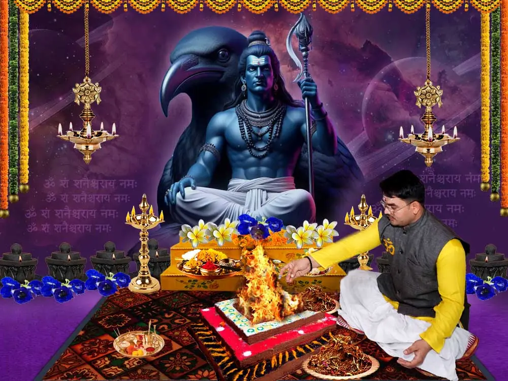 Illustration of the deity with priests at a puja, not a photograph