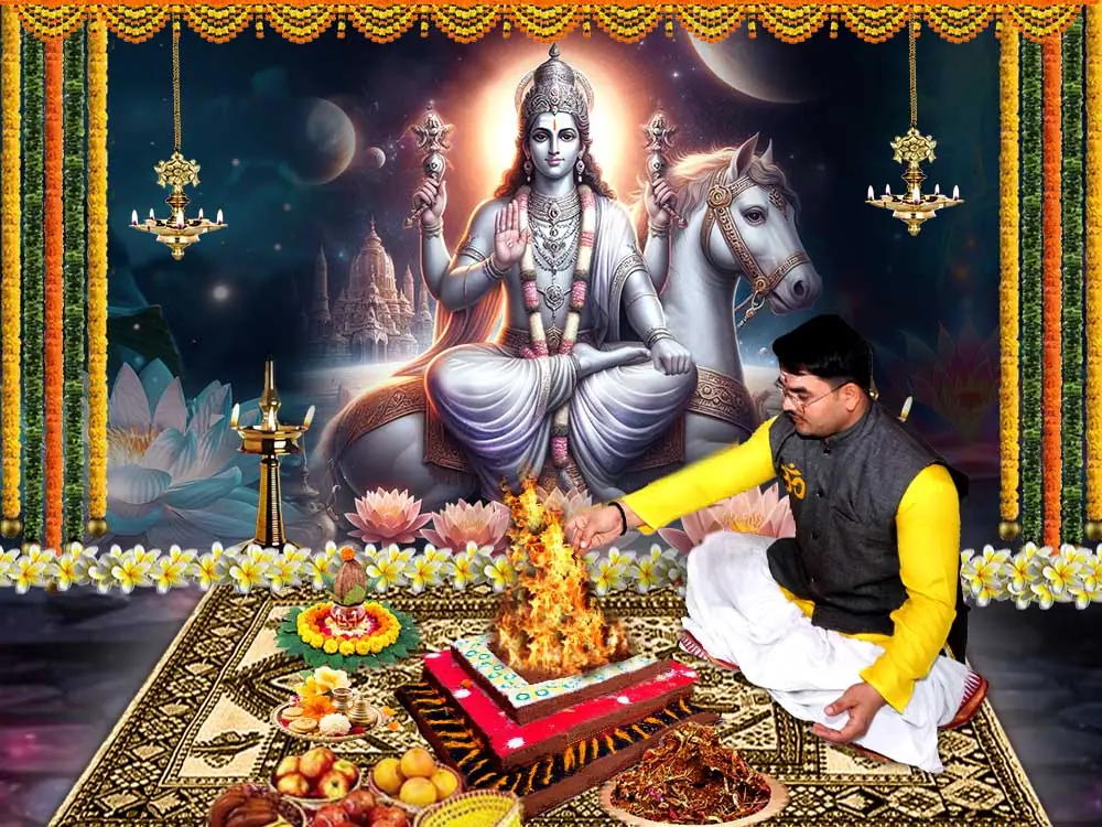 Illustration of the deity with priests at a puja, not a photograph