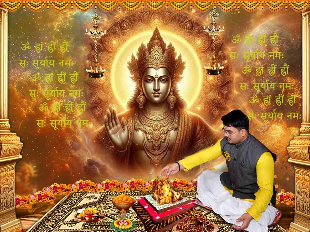 Illustration of the deity with priests at a puja, not a photograph