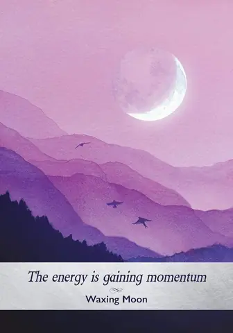 Waxing Moon card over purple hills