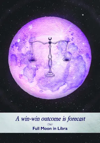 Card showing a purple moon with the Libra scales