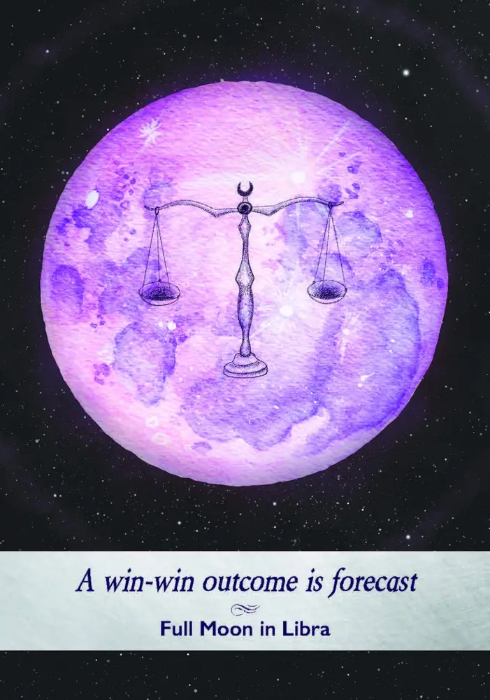 Card showing a purple moon with the Libra scales