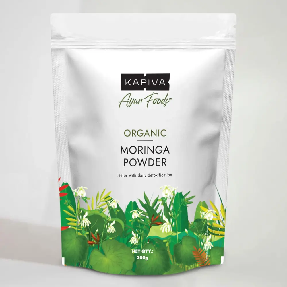 White pouch of Organic Moringa Powder