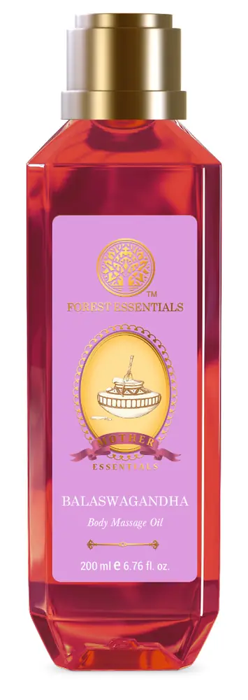 Glass bottle of Mother's Body Massage Oil Balaswagandha with a pink label
