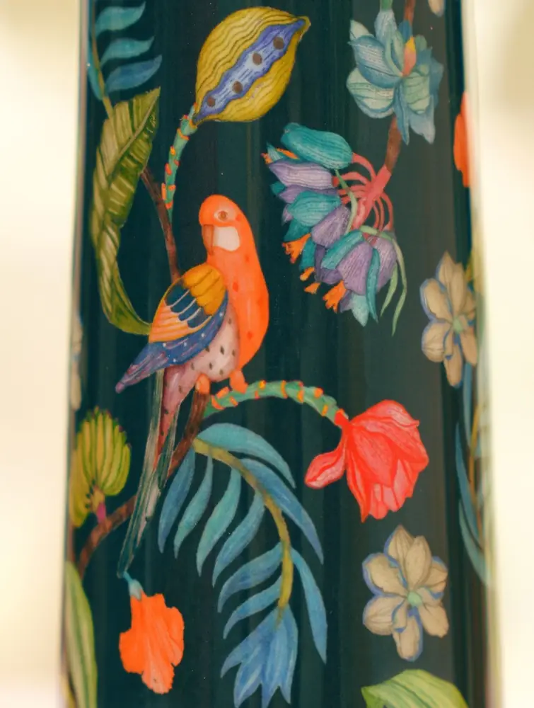 Close view of the parrot and flower print