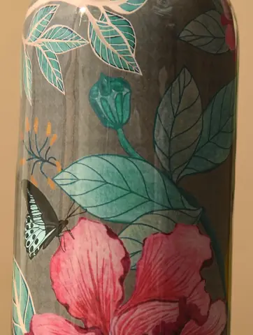 Close view of pink hibiscus, leaves and a butterfly
