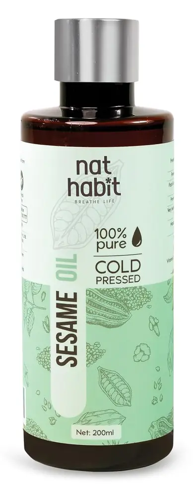 Clear bottle of Nat Habit cold pressed sesame oil