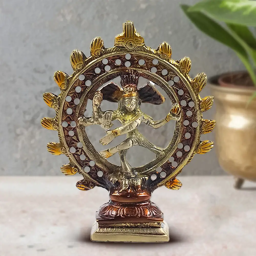 Brass Nataraja inside a ring of flames on a grey ground