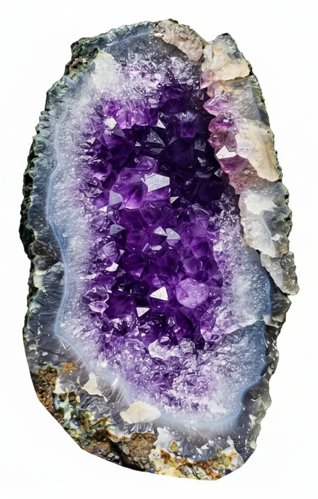 Raw amethyst geode cut open showing purple crystal points
