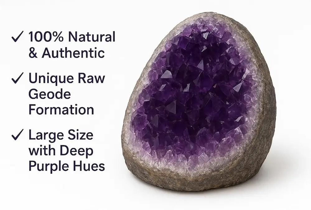 Amethyst cluster with deep purple points and a rock base