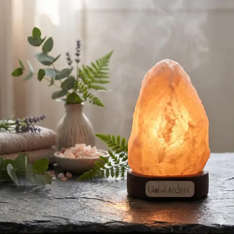 The salt lamp on slate with green plants and a bowl of salt