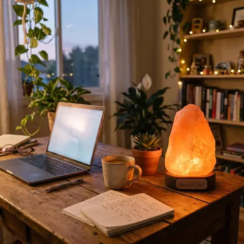 A lit salt lamp on a desk with a laptop and plants