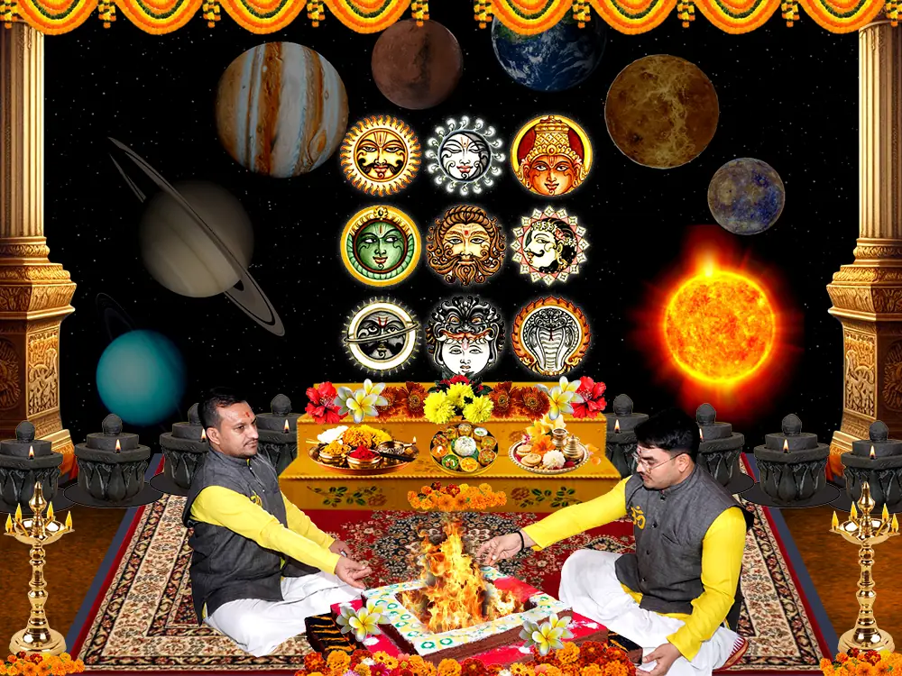 Illustration of the nine planets above two priests at a fire altar, not a photograph