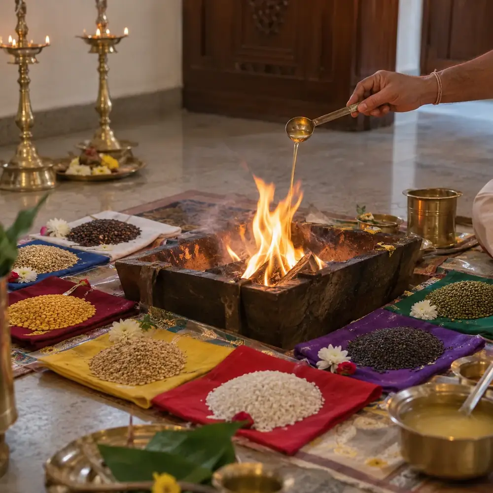 A homam fire in a brass kund with grains laid out on coloured cloths and brass lamps around it