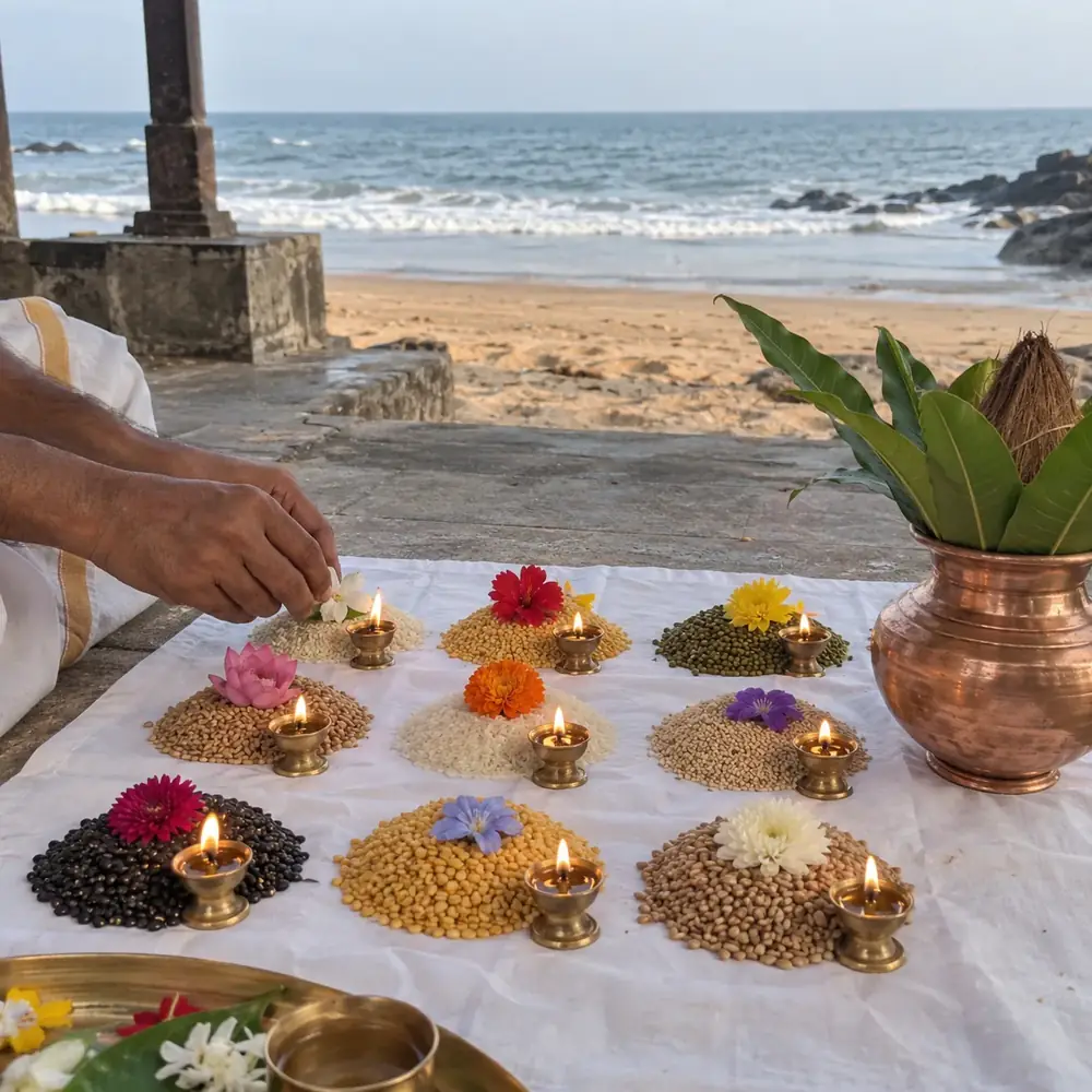 Small heaps of grain and flowers on a white cloth by the sea, with a copper pot