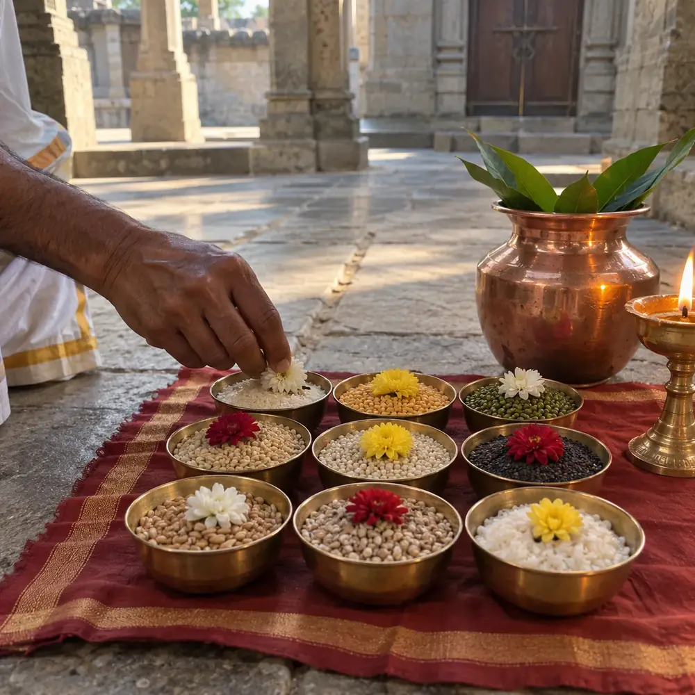 Brass bowls of grain and flowers on a red cloth beside a copper pot at a temple