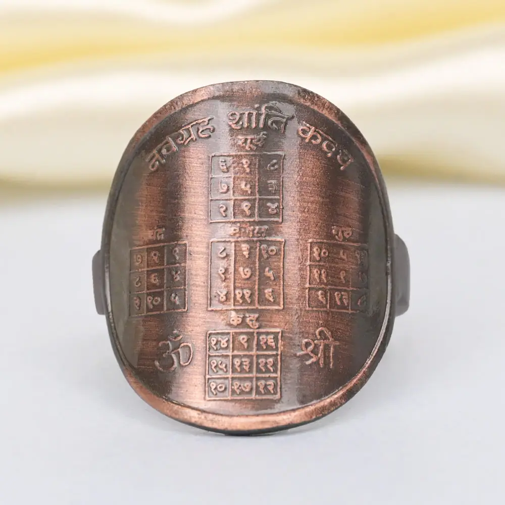 Copper ring with nine planet yantras on its curved face