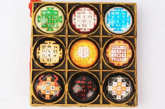 Framed Navagraha yantra with nine coloured planet discs in a grid