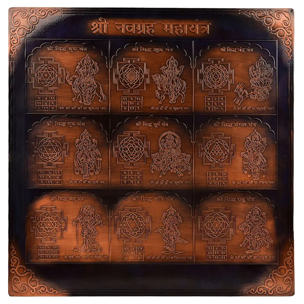 Square copper plate engraved with nine planet yantras in three rows