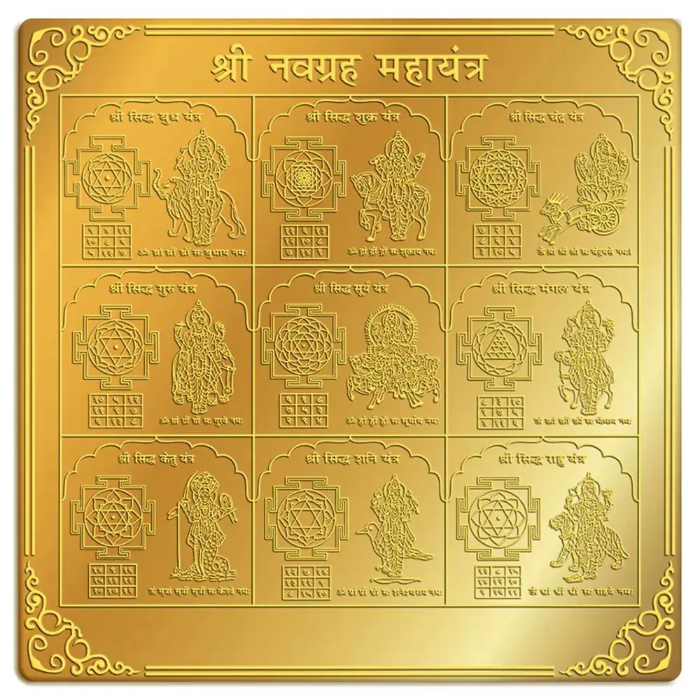 Gold coloured Navgraha plate with nine panels in a decorative border