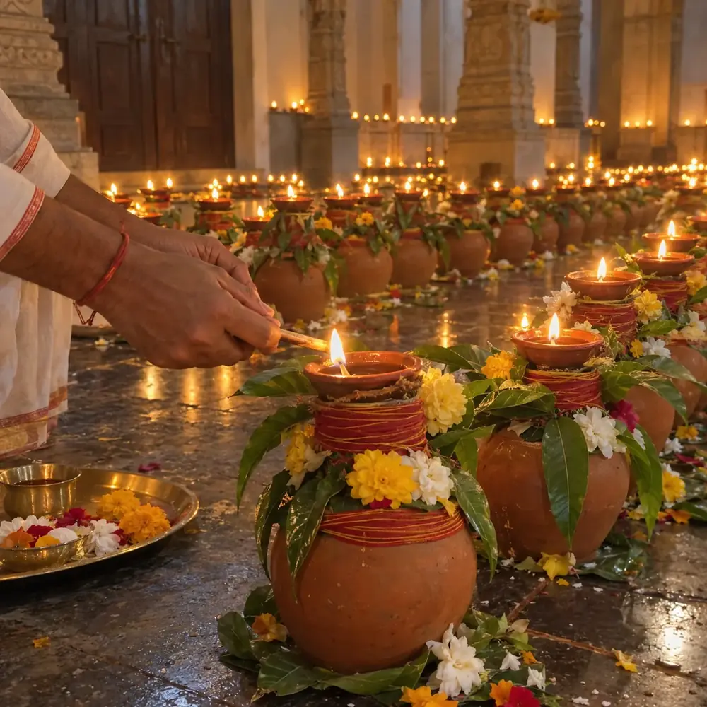 A hand lighting a decorated clay pot lamp with rows of similar lamps behind