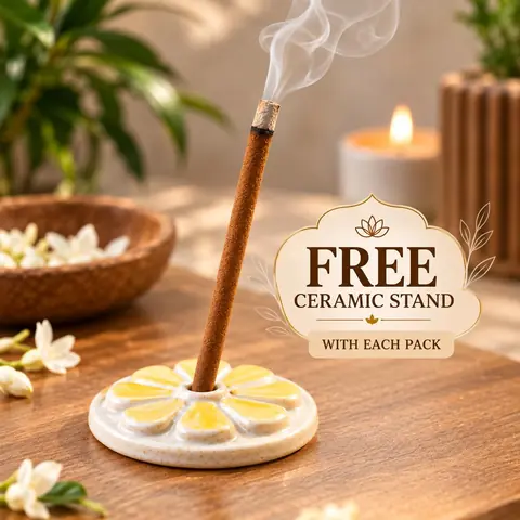 A lit dhoop stick on the ceramic stand