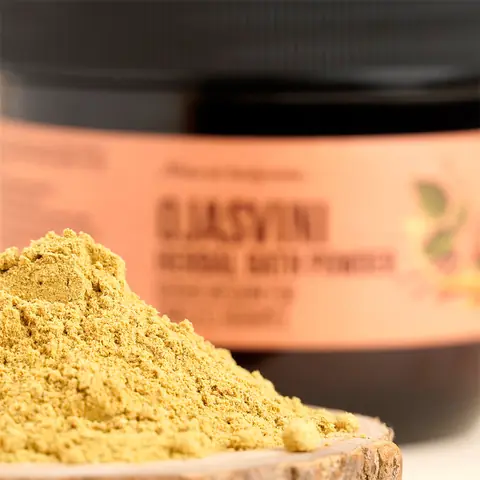 Close view of the yellow herbal powder