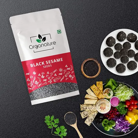 Pouch beside bowls of food using black sesame