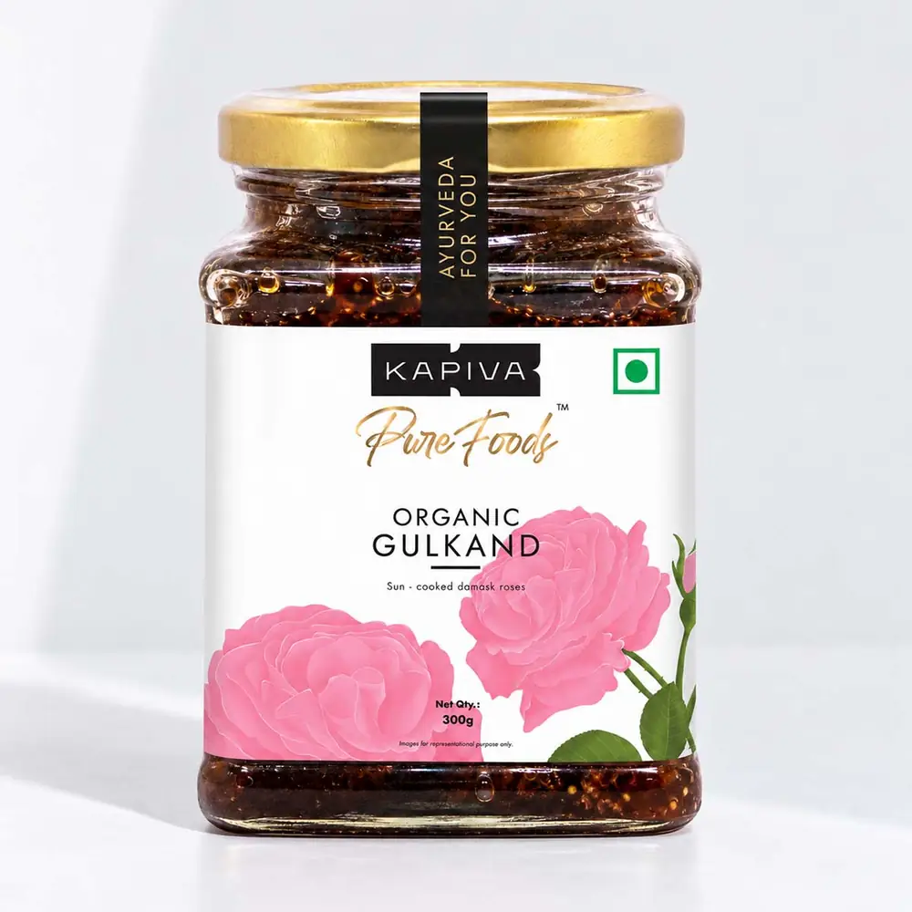 Jar of organic gulkand with rose petals visible