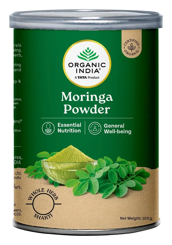 Organic India Moringa Powder canister, front view