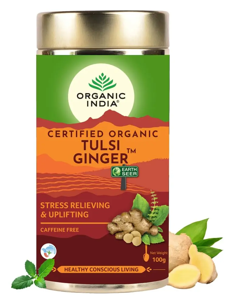 Organic India Tulsi Ginger tin, front view