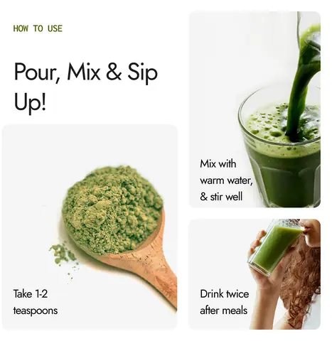 A spoon of green powder beside a glass of the mixed drink