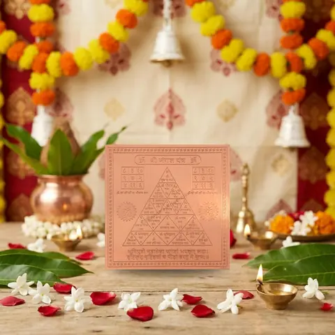 The yantra on a puja table with a copper pot and flowers