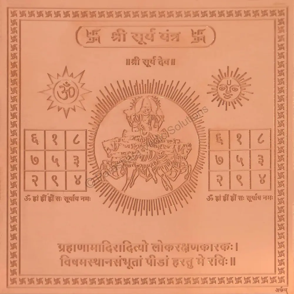 Copper Surya yantra plate seen from the front