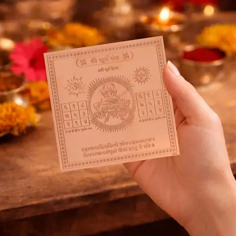 The yantra held in a hand to show its size