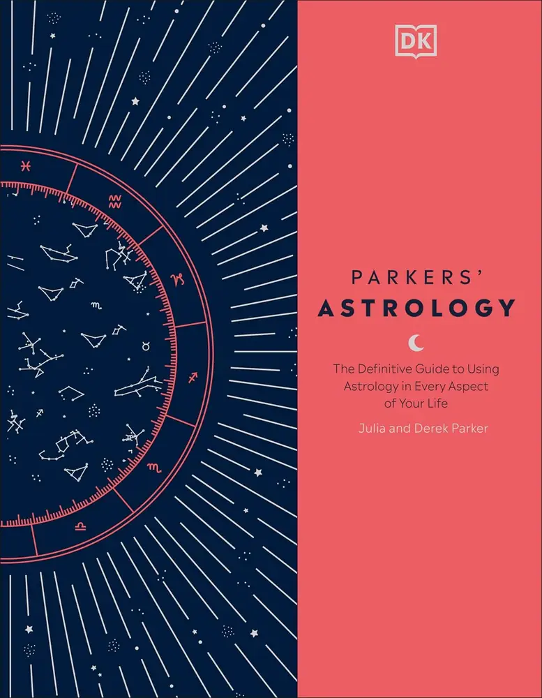 Front cover of Parkers' Astrology, navy and coral with a star map design