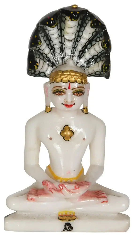 Seated white marble Parshvanatha with a serpent hood, front
